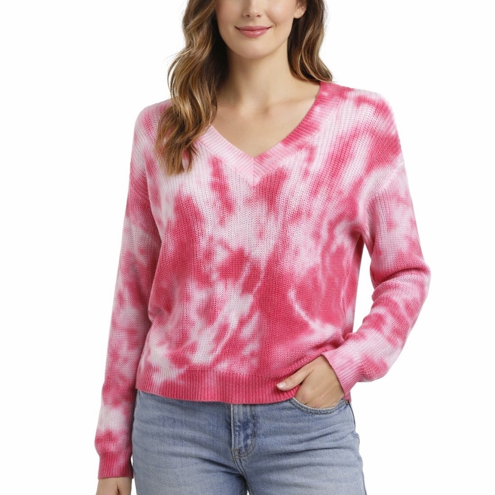 It’s Our Time Pink White Tie Dye V-Neck Knit Long Sleeve Sweater